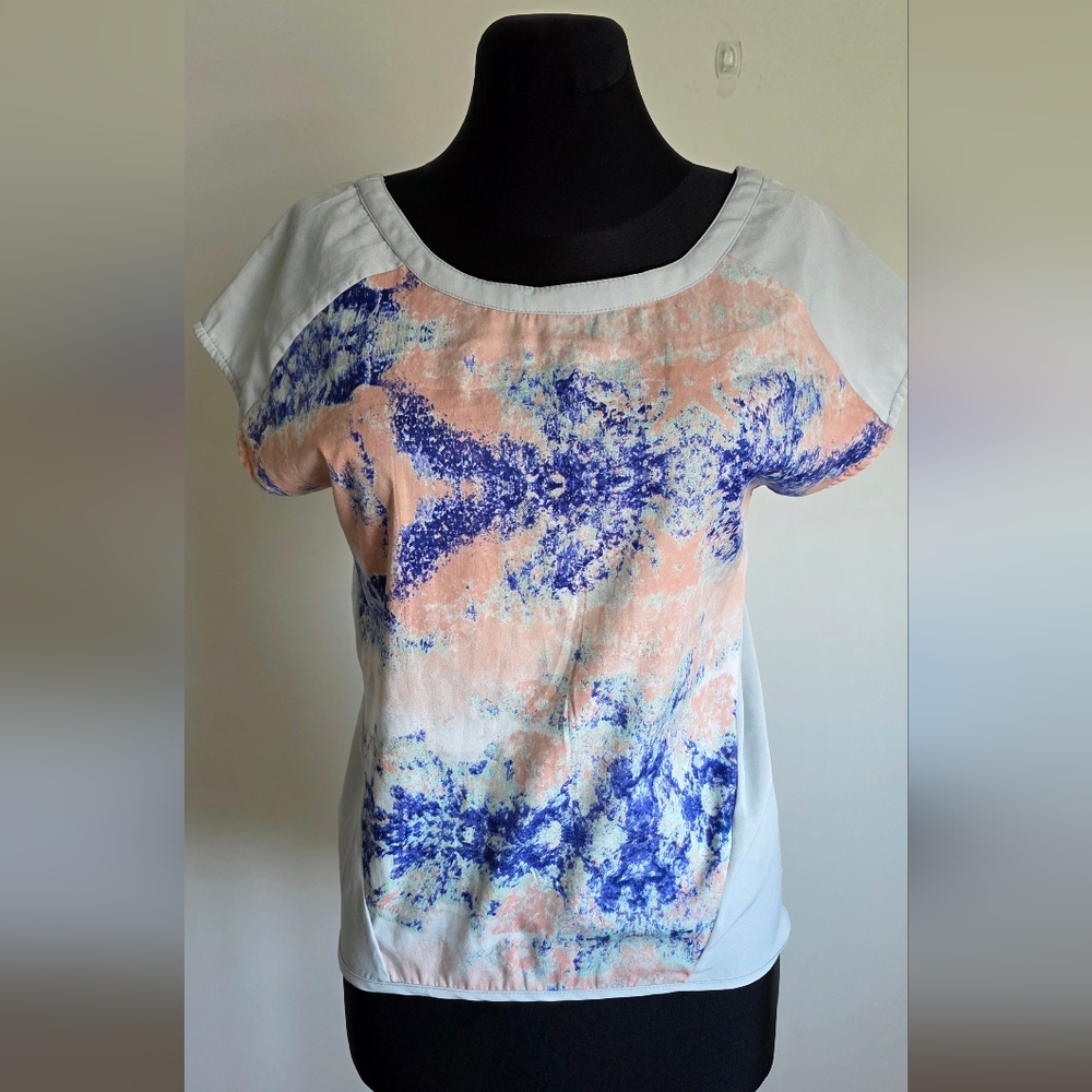 W118 By Walter Baker Blue and Cream Short Sleeve Top With V-cut Back XS